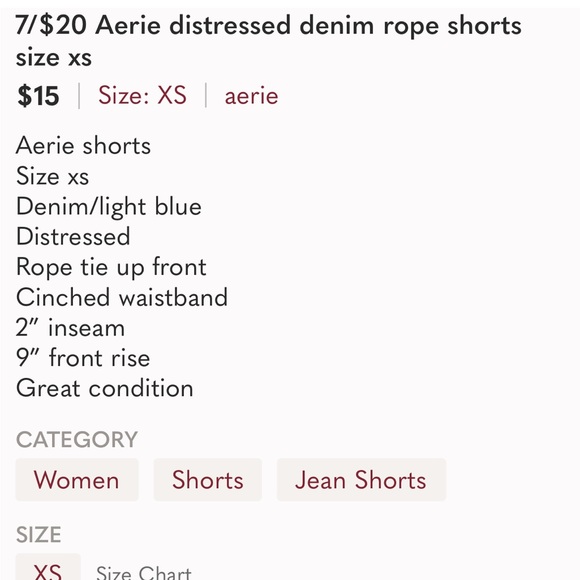7/$20 Aerie distressed denim rope shorts size xs - Picture 6 of 8